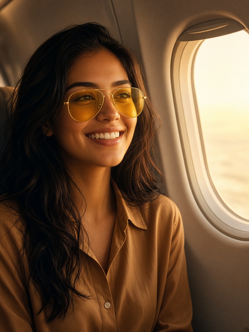 Mulher com óculos Ocupri Relax de lentes amarelas